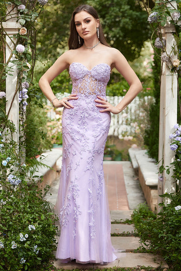 Escote Corazón Sirena Vestido de Graduación Con Apliques Púrpura